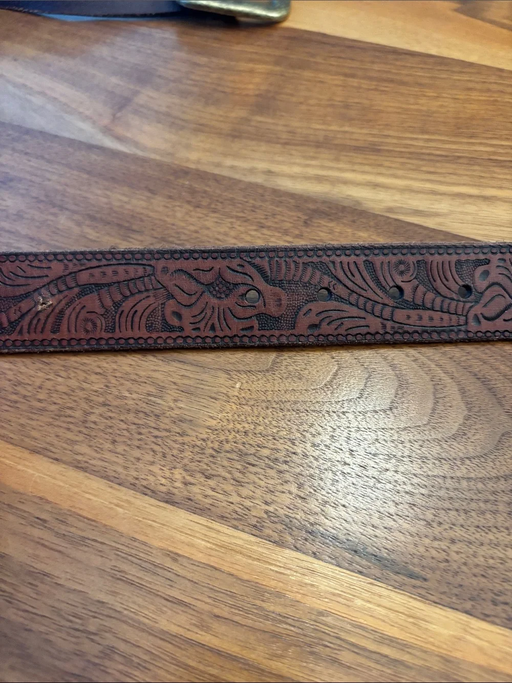 Western Brown Leather Tooled Belt with Brass Tone Buckle 34” Unisex
